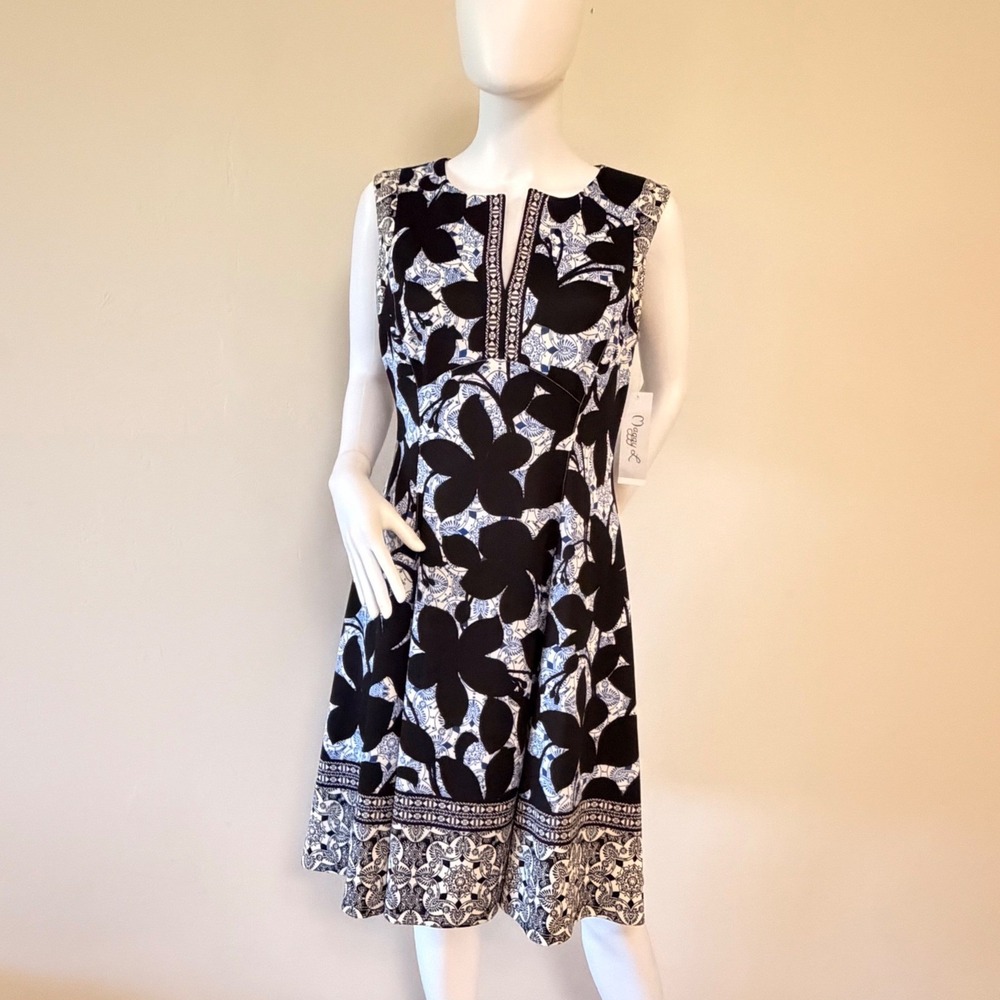 New Maggy L‎ Floral Tile Print Sleeveless Fit Flare Dress Blue Black White US 10